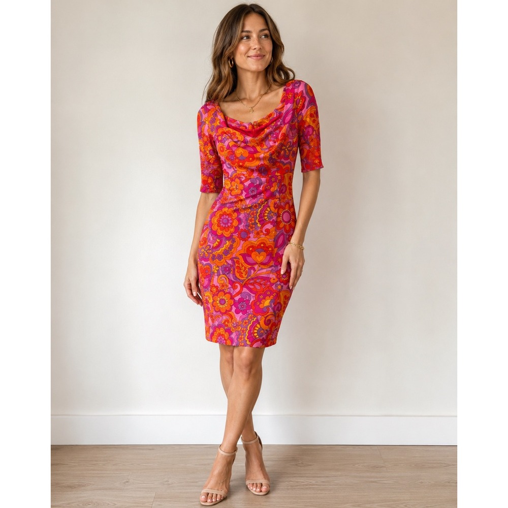 Ducduy Sheath Dress Womens XS Pink Orange Floral Psychedelic Mod Retro 60s 70s